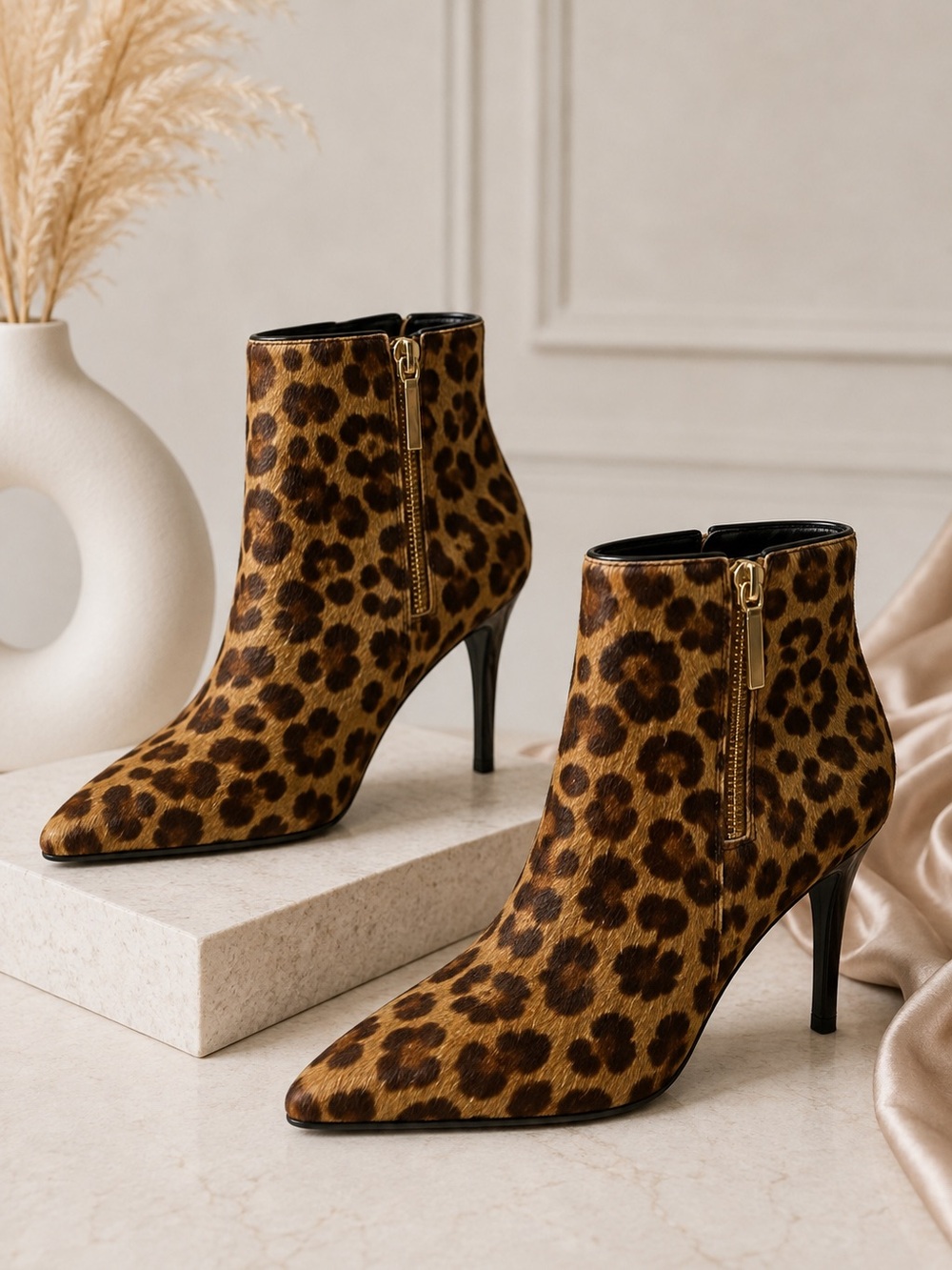 Marc Fisher LTD MLFaye Brown Calf Hair Leopard Booties Side Zipper Women 9.5M